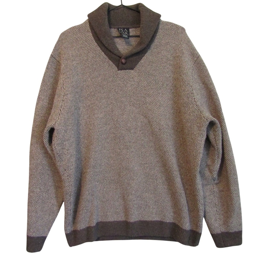 Jos. A. Bank Sweater Mens Large Brown Lambswool Shawl Collar Pullover Birdseye